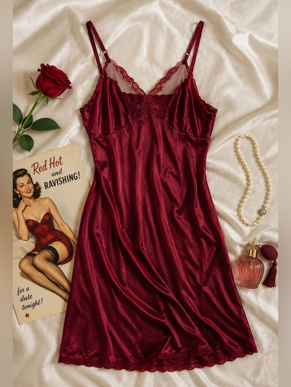 🎀Vintage🎀 1960s/70s Sears Red Burgundy Lace Nightie Slip Dress Size 34